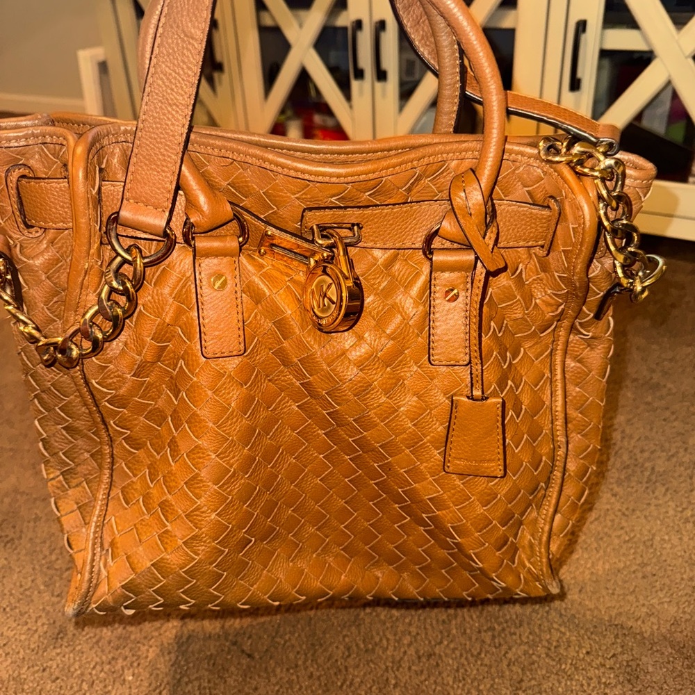 Vintage Michael Kors Hamilton Tote Woven Leather Large Handbag Dark Brown